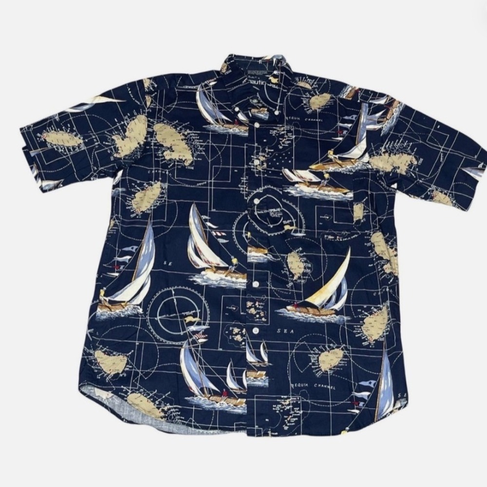 Vintage Sailing‎ Button Down Shirt Navy XL Coastal Preppy Boat Nautical Gorpcore